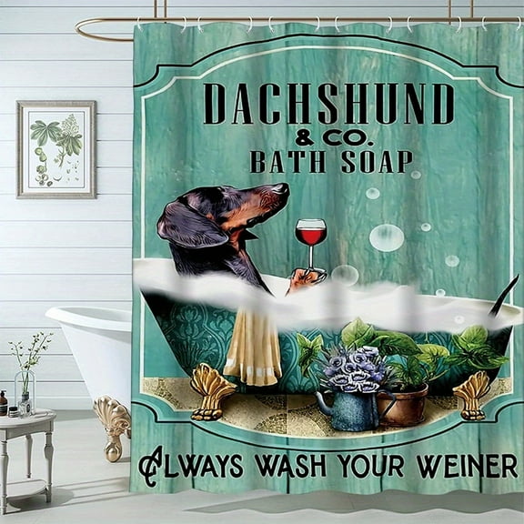 Dog Shower Curtain, Funny Shower Curtains 66x72 Inch Dachshund Shower Curtain Bath Soap Wash Your Paws Fun Ocean Teal Green Bathtub Vintage Wood Waterproof Polyester Fabric 12 Plastic Hooks