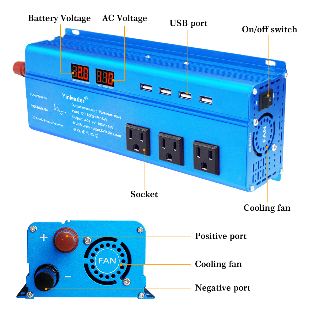Yinleader 1000 Watt Pure Sine Wave Power Inverter 12V to 110V Car RV Converter 3Sockets 4USB LED Display