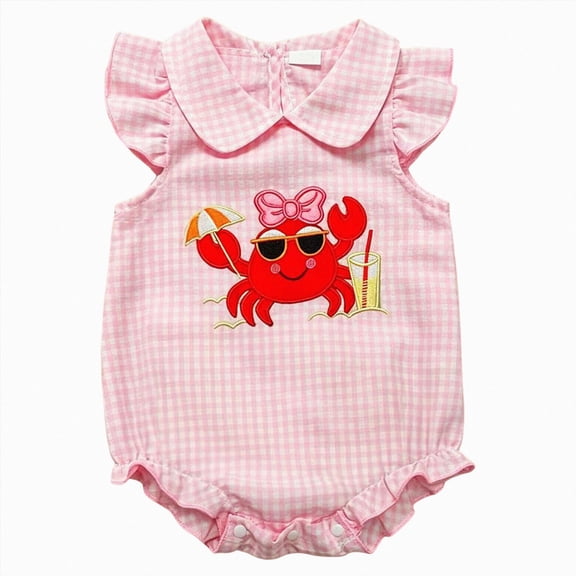 mgoYE Baby Girl Crab Outfit Crawfish Embroidery Sleeveless Plaid Romper Dress Ruffle Bodysuit Newborn Summer Clothes(Pink,0-3 Months)
