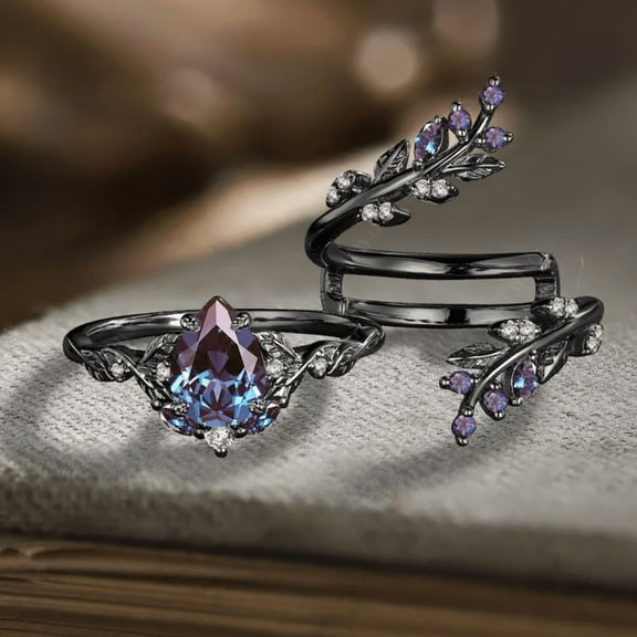 Vintage Pear Alexandrite Engagement Ring- Gothic Leaf Bridal Set in 14K Black Gold Vermeil- Unique Enhance Stack Wedding Band