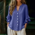 thumbnail image 6 of Feancey Cotton Linen Button Down Shirts for Women Dressy Casual Ruffle 3/4 Sleeve Blouse Summer Loose V Neck Gauze Shirt Elegant Work Tops Sky Blue S, 6 of 10