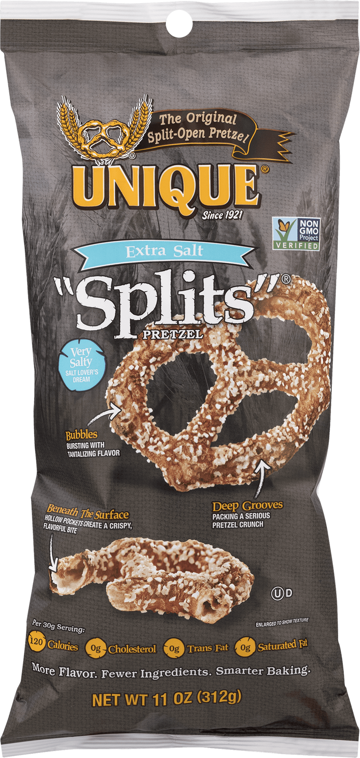 Unique Extra Salt Pretzel Splits, 11 oz, 12 count