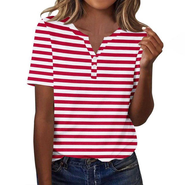 Plebaso T-Shirts à Rayures Col en V pour Femmes Manches Courtes Été Décontracté Blouses Amples pour Femmes