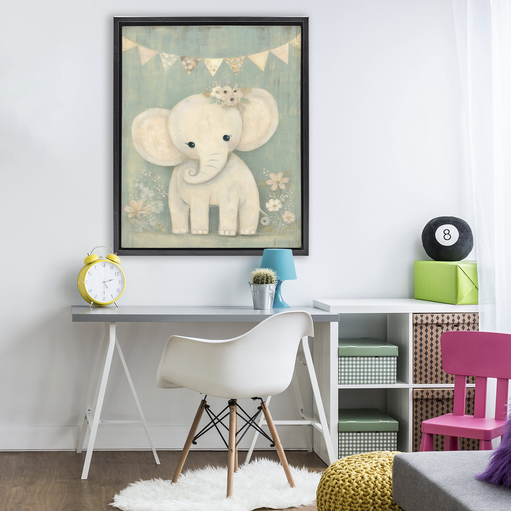 Stupell Industries Elephant with Overhead Banner Black Framed Floater Canvas Wall Art, design by Ink Drop Loft