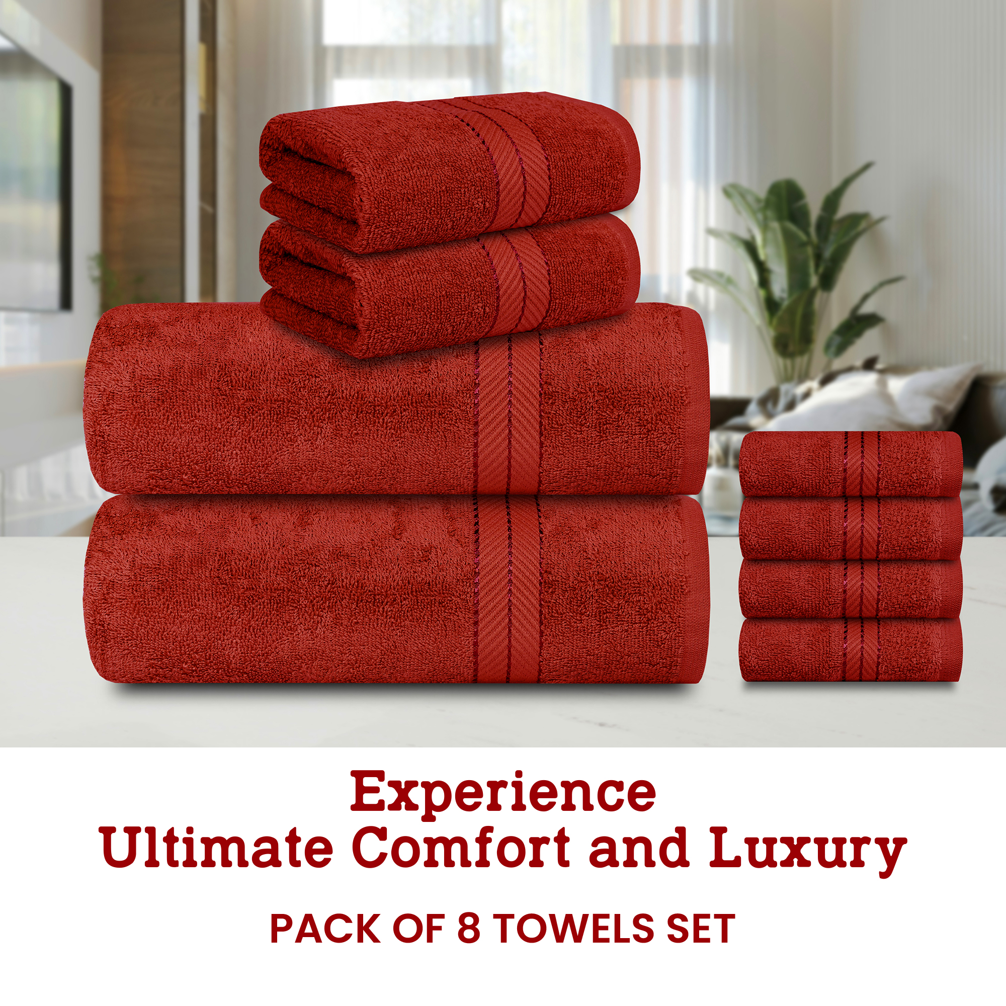 Casa Lino 8Pc Premium Bath Towel Set (2 Bath Towels, 4 Washcloths, 2 Hand Towels) - 100% Cotton, 400GSM & Ultra Absorbent (Red)