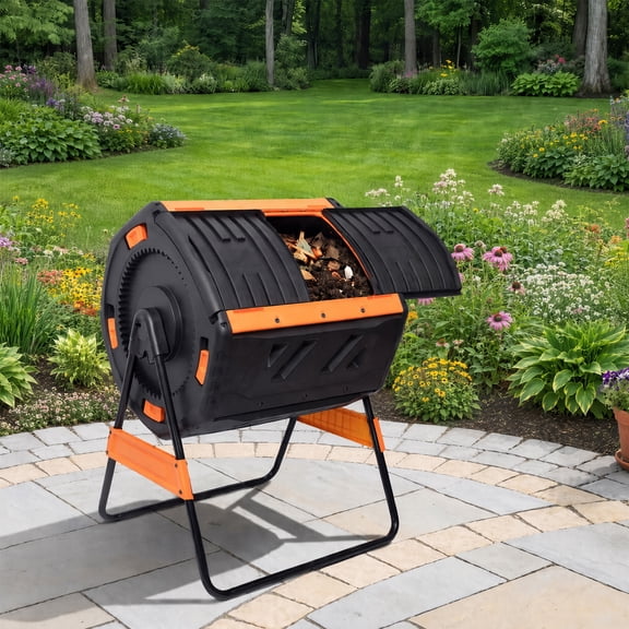 LAUSAINT HOME Dual Chamber Compost Tumbler, 52 Gallon Outdoor Rotating Composter with Sliding Doors for Garden Waste, Kitchen Scraps & Yard Debris, Black and Orange