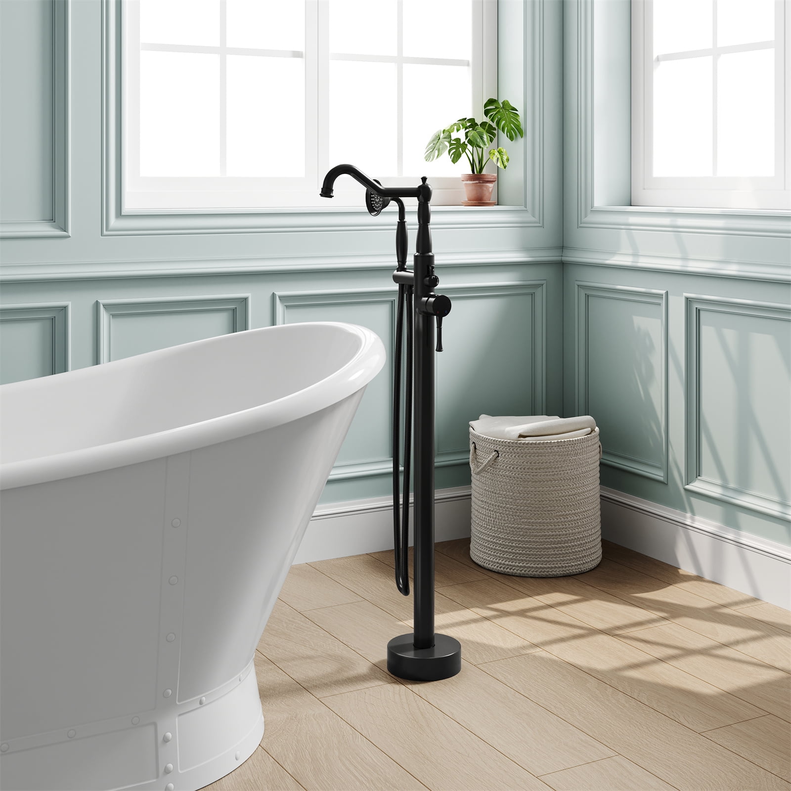 ANGELES HOME Freestanding Tub Faucet with Handheld Shower, Floor Mount Bathtub Filler, Roman Bathtub Faucet with Swivel Spout Brass Rough-in and Water Hose, Matte Black