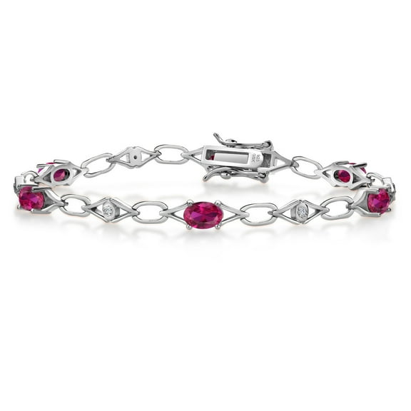 Gem Stone King 925 Sterling Silver Red Created Ruby and Round White Lab Grown Diamond Tennis Bracelet for Women (3.04 Cttw, Gemstone Birthstone, Oval 6X4MM, 7.25 inches)