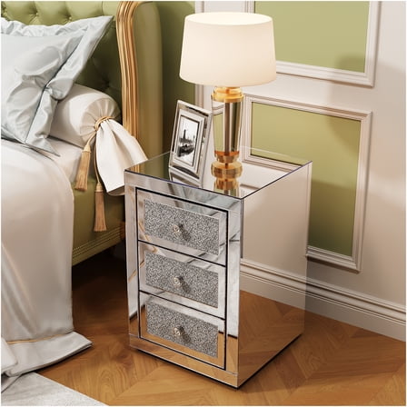 JERFIT 3-Drawer Mirrored Nightstand, Modern Glass End Table with Crystal Knobs, Silver Bedside Table for Bedroom Living Room