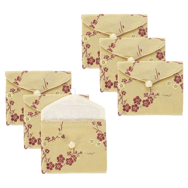 Uxcell 6 Pcs Estuche de Joyas Bolsa de Seda de Estilo Chino Pequeña Organizador de Joyas de Viaje Bolsa Bordada para Boda, Marrón Dorado