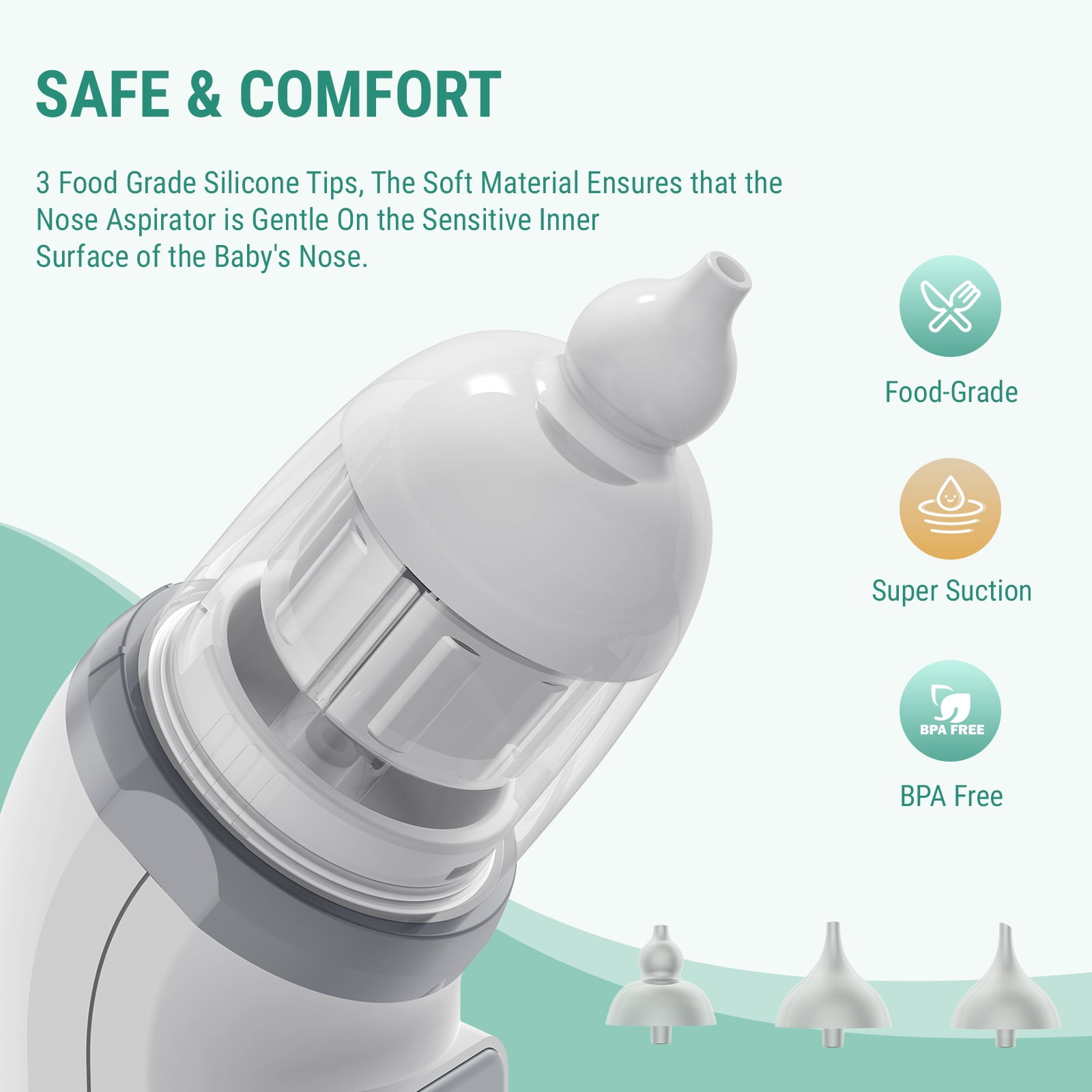 Skdwakiz Nasal Aspirator for Baby, Electric Baby Nose Sucker, Automatic Toddlers Nose Cleaner with 5 Suctions Power, 3 Silicone Tips, 3 Music Modes & Light Soothing Function