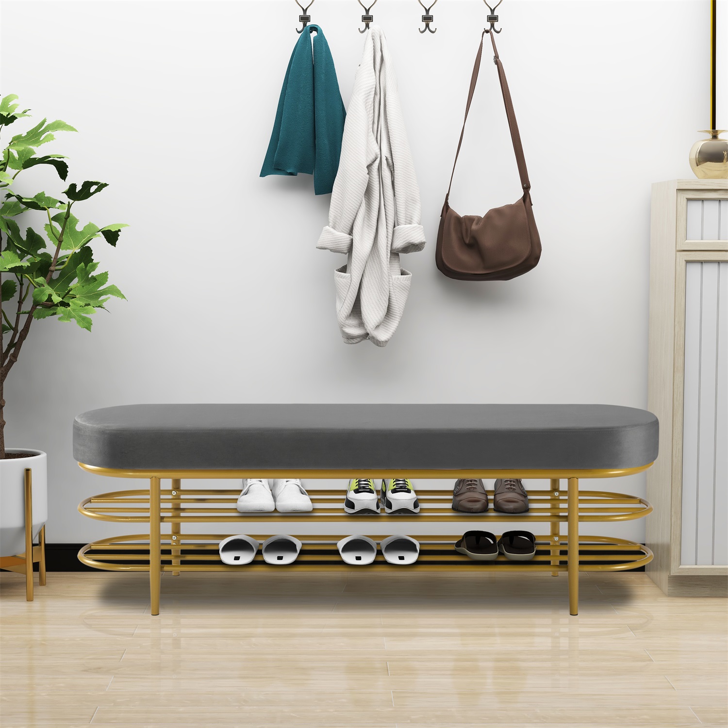 Kadyn Metal Shoe storage bench, Modern Free Standing Shoe Racks for Entryway and Hallway, Entryway Bench with Velvet Cushion, Light Grey Kadyn Metal Shoe storage bench, Modern Free Standing Shoe Racks for Entryway and Hallway, Entryway Bench with Velvet Cushion, Light Grey