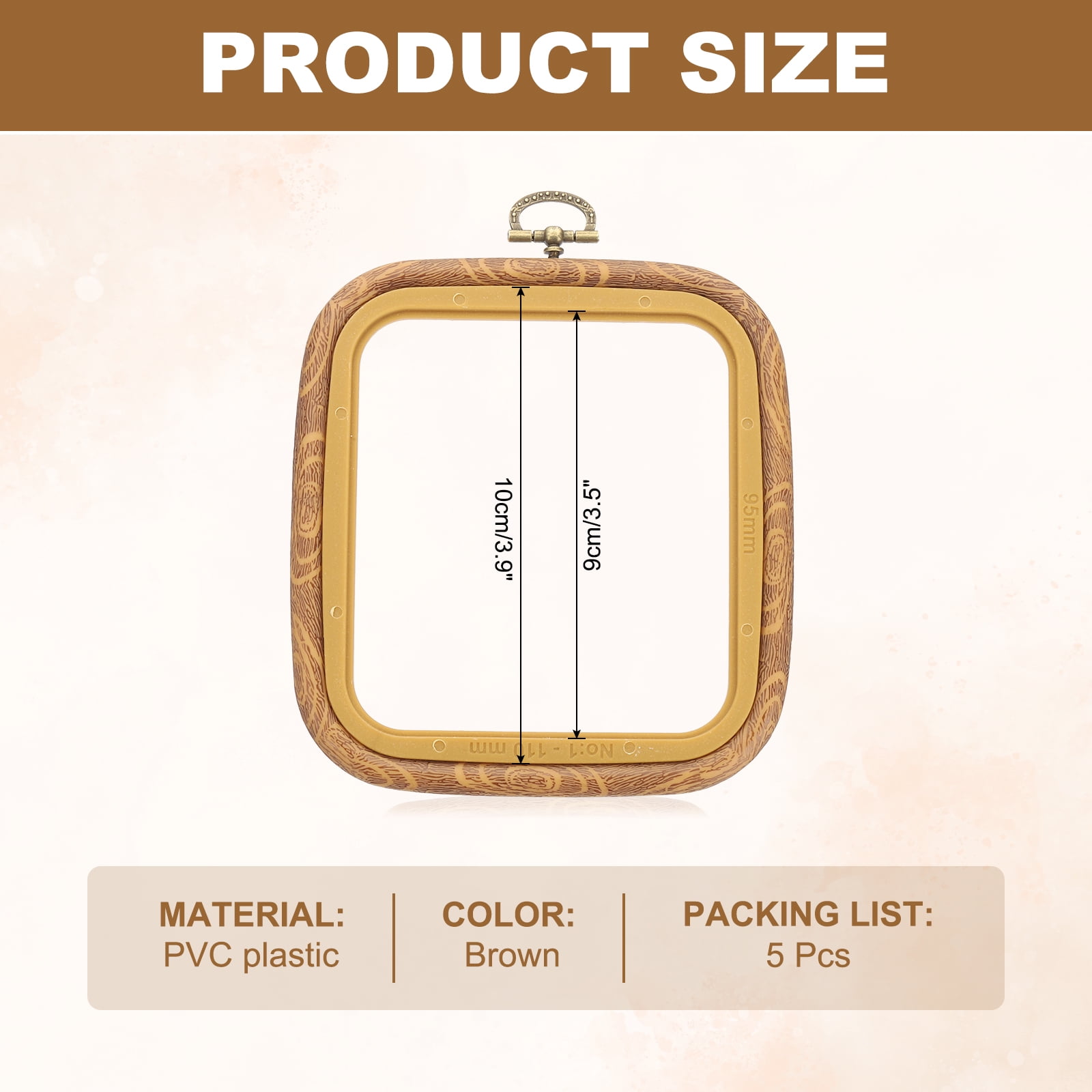 Uxcell 5 Pieces 3.5" x 3.9" Square Embroidery Hoops Frame Imitated Wood Circle Cross Stitch Hoop Ring for Embroidery Art Craft Handy Sewing Decoration, Brown