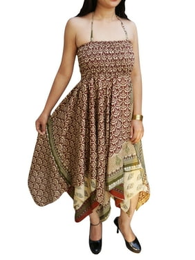 Mogul Womens Boho Chic Groovy Summer Handkerchief Hem Recycled Sari Dress Printed Two Layer Halter Sundress S/M