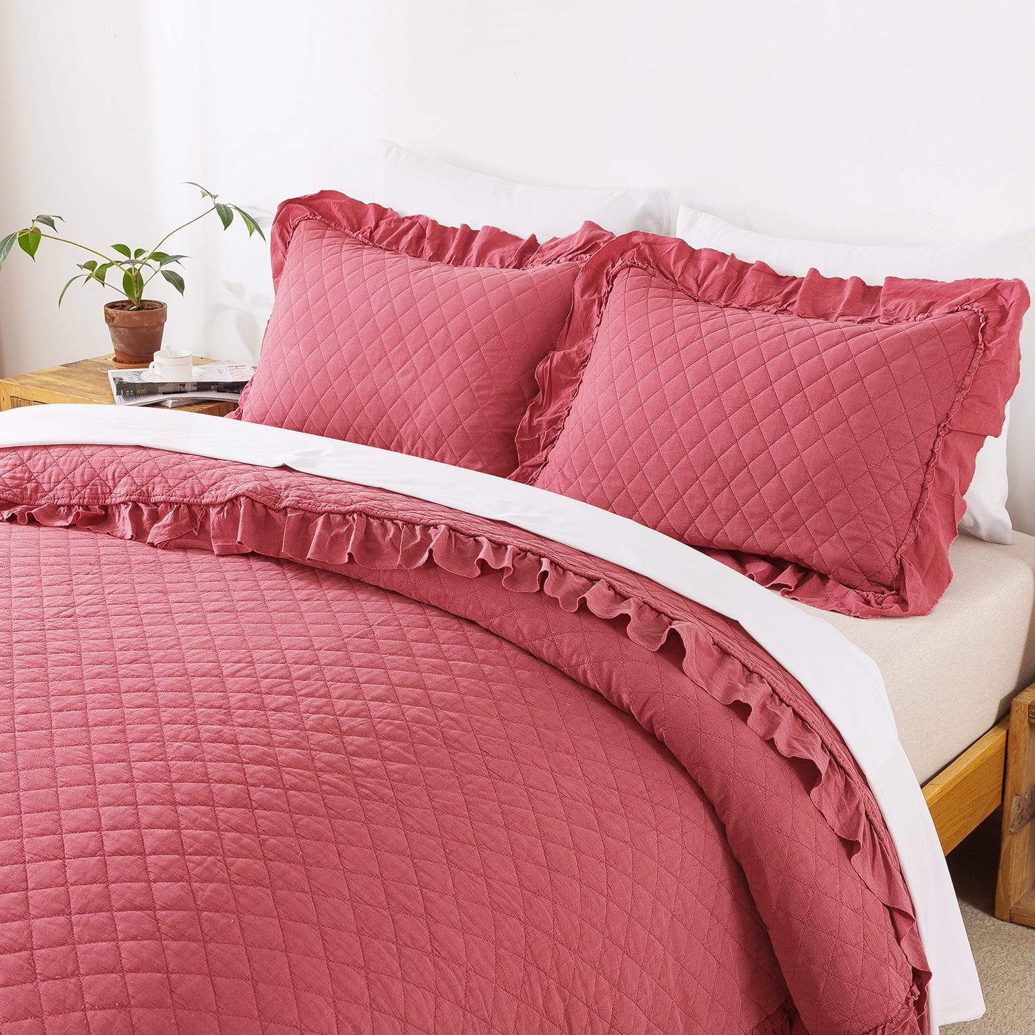 JML 3 Piece Quilt Set Queen,Stone Washed Microfiber Bedspread Coverlet,Camellia 88"x92"