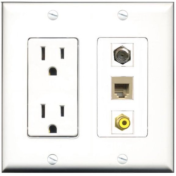 RiteAV - 15 Amp Power Outlet 1 Port RCA Yellow 1 Port Coax 1 Port Phone Beige Decorative Wall Plate