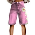 thumbnail image 2 of Stephy Flare Denim Shorts for Women Wide Leg Denim Shorts Woman Vintage Floral Print High Waisted Straight Stretch Pants with Pockets, Pink, XL, 2 of 4