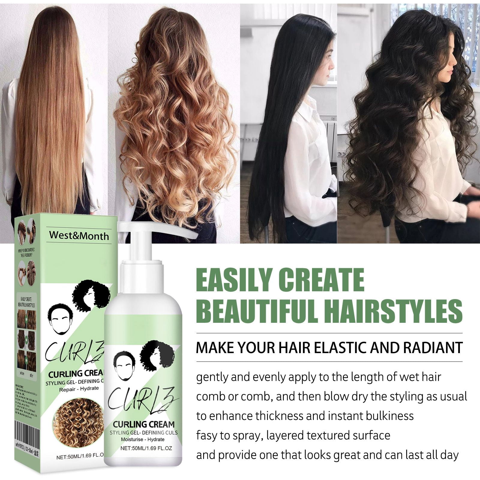 Alvantor Curl Cream Elastin Moisturizing Keratin Treatment for Curly Hair Frizz Smoothing 1.69 fl oz