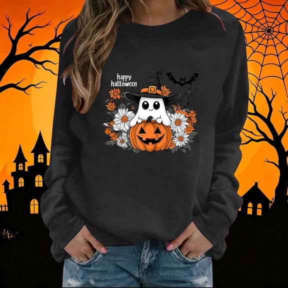 Mifsaly Halloween Sweatshirts for Women Pumpkin Graphic Cute Ghost Pullover Tops Crewneck Long Sleeve Festival Loose Fit Slouchy Shirts