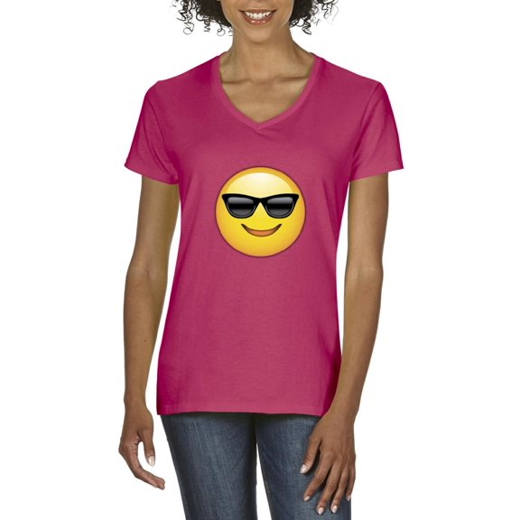 Normal is Boring - Women's T-Shirt V-Neck Short Sleeve, up to Women Size 3XL - Emoji with Sunglasses