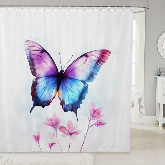 Watercolor Butterfly Shower Curtain Purple And Blue Floral Bathroom Decor 71x71 inches