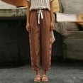 thumbnail image 4 of ZToonmas Solid Floral Embroidery Linen Barrel Pants for Women Drawstring Elastic Waist Loose Ankle Casual Cropped Pants with Side Pockets, 4 of 6