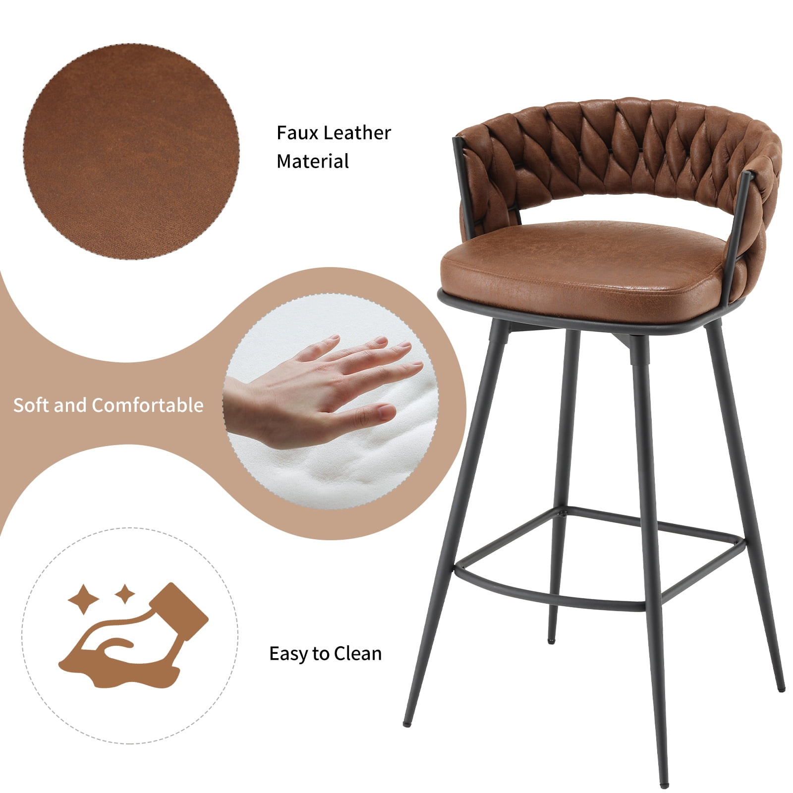 Bar Stools Set of 2, Counter Height Barstools with Woven Back and Footrest, 26" Modern Upholstered Kitchen Island Chairs for Kitchen Island, Cafe, Pub, Bar Counter, Brown