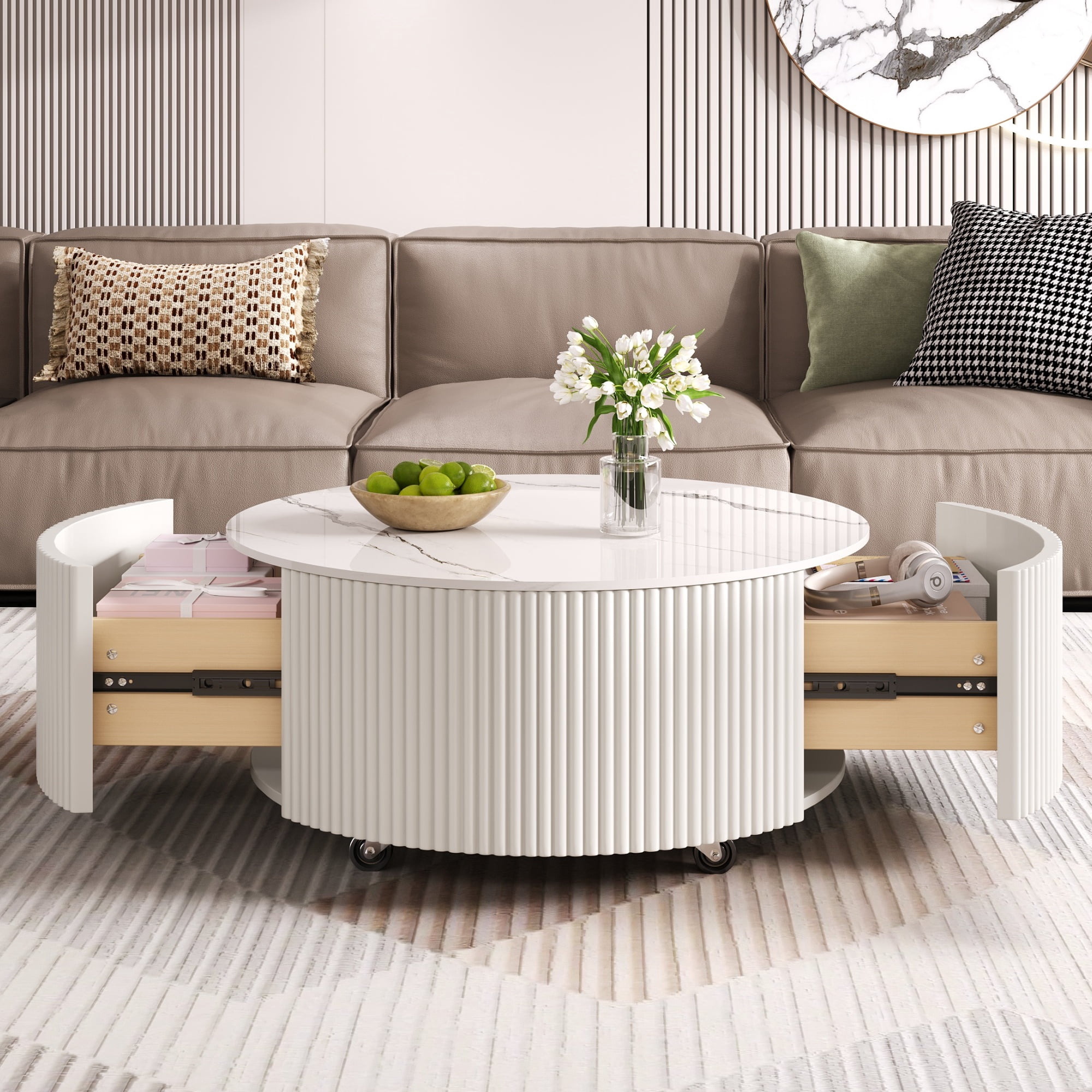 Euroco Modern Round Movable Coffee Table with Casters, 2 Drawers, Marble Pattern Sintered Stone Top, White, 29.5"