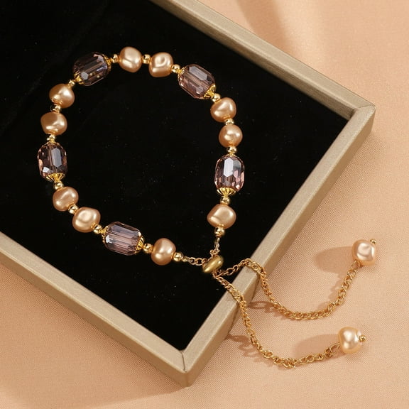 HaoXun French Vintage Purple Crystal Pearl Bracelet for Women - Adjustable Pearl Jewelry Gift, Elegant Boudoir Accessories