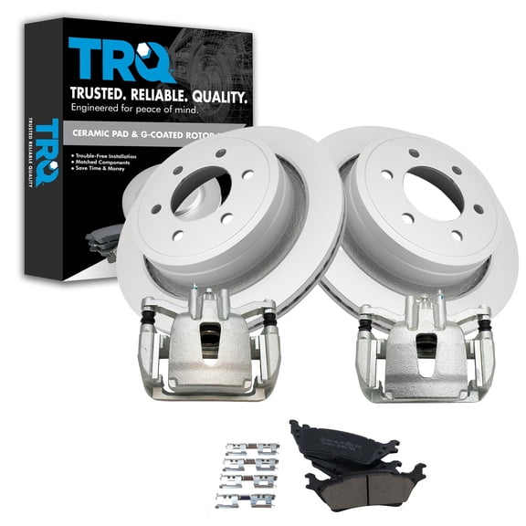 TRQ Rear Brake Pad & Rotor Kit Brake Caliper Brake Pads Brake Rotor Ceramic Premium G-Coated Fits Select 2012-2016 Ford F-150