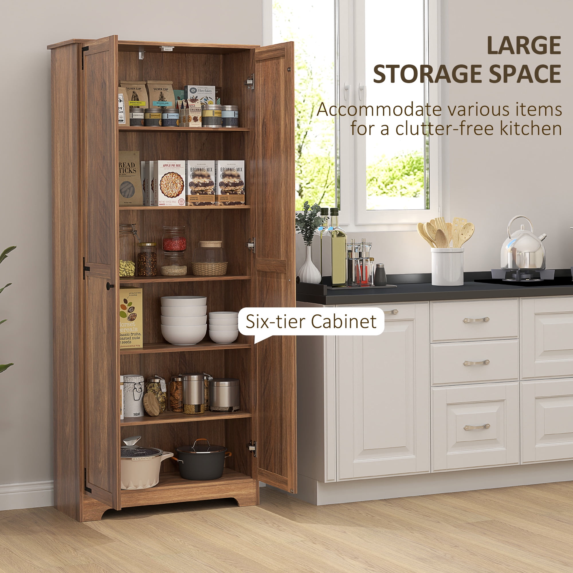 HOMCOM 72" Farmhouse Pantry Cabinet, Tall Storage Cabinet, Brown