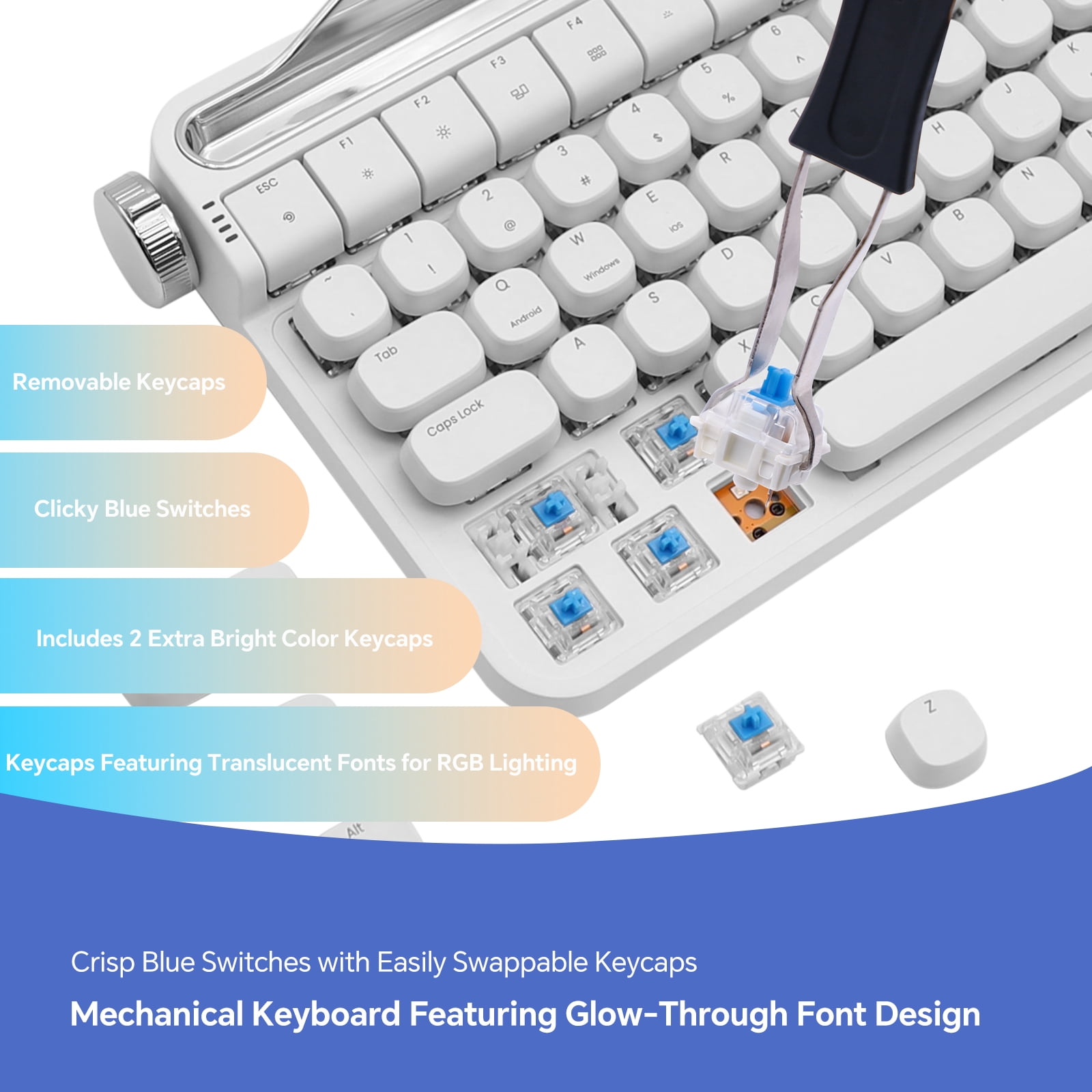 ACTTO B705 Retro Typewriter Mechanical Keyboard, White, Dual-Mode Bluetooth & Wired, Knob & Stand, Blue Switch, RGB Backlight, for Gaming & Office
