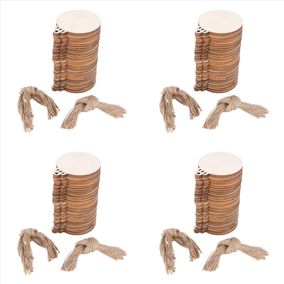 200Pcs DIY Craft Wooden Round Bauble with Twines to Paint, Unfinished Christmas Hanging Blank Discs Bulk Slices