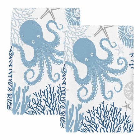 Dish Towels Blue Octopus Absorbent Kitchen Towels 2 PCS Coral Starfish Shell Microfiber Hand Towels Dish Cloths Tea Towels for Home Bathroom Cleaning Drying 18X28-Inch
