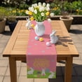 thumbnail image 5 of Happy Easter Table Runner, Easter Rabbits Eggs Floral Grass Pink Background Cotton Linen Kitchen Table Decoration Washable Dining Tabletop Runners for Home Party Decor 13x60 Inches, 5 of 9