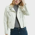 thumbnail image 6 of Women's Trendy Cropped Moto Jacket Zipper Lapel V Neck Long Sleeve Windproof Biker Jacket Coat with Pocket Outerwear White,XL, 6 of 7