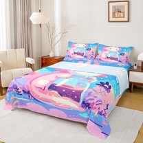 Manfei Funny Axolotl Child Twin Sheet Sets, Blue Pink Cartoon Twin Fitted Sheet, Dreamy Stars Starry Sky Flat Sheet, Microfiber Bedroom Decor, 3 Pieces