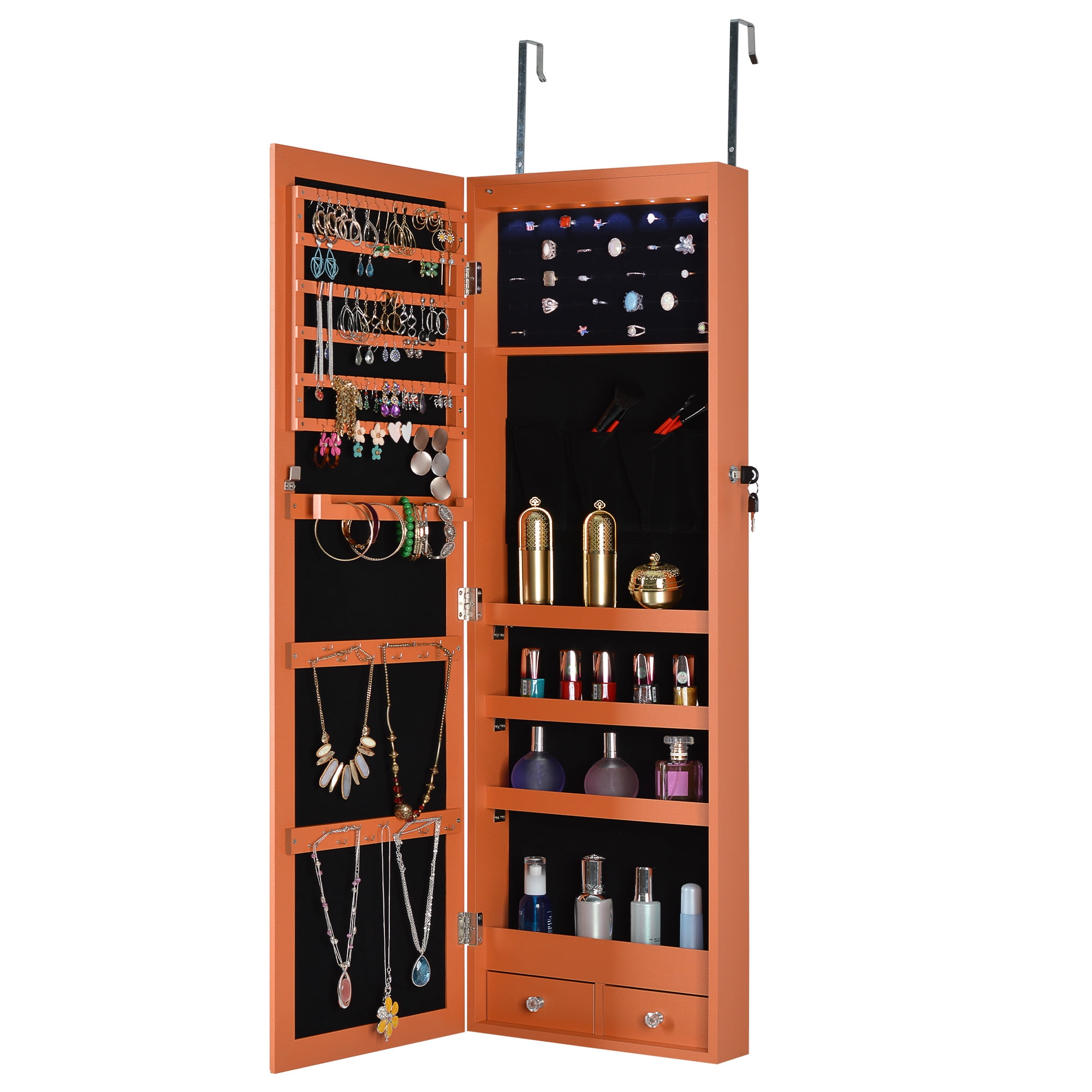 Kepooman Jewelry Cabinet Armoire, Wall/Door Mount Storage Organizer with Full-Length Mirror, Lockable Cabinet with Shelves, Gift Idea, Orange Kepooman Jewelry Cabinet Armoire, Wall/Door Mount Storage Organizer with Full-Length Mirror, Lockable Cabinet with Shelves, Gift Idea, Orange