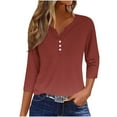thumbnail image 2 of Teissuly Women's Fashion Casual Solid T-shirt 3/4 Sleeves Buttons Blouse V-Neck Casual Tops, 2 of 5