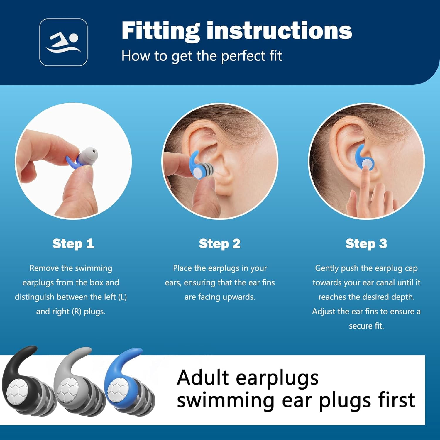 Swimming Ear Plugs for Adults,3 Pairs Waterproof Silicone Reusable Swim Earplugs for Swimming Surfing Diving Showering, Recommended for 14 Years Olds up