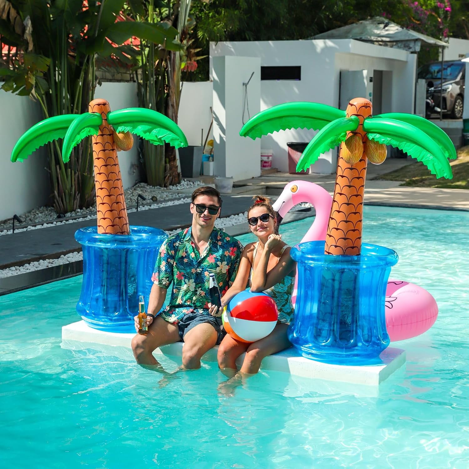63" Drink Cooler for Parties, 2 Pack Inflatable Palm Tree Ice Bucket for BBQ, Picnic, Pool Party, Bachelorette Supplies, Floating Cooler for Hawaiian Luau Tropical Summer Party Decorations
