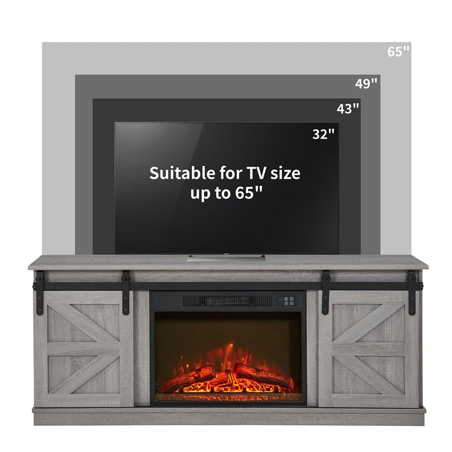 Demi Bonn Modern Fireplace TV Stand for Television up to 65" with Storage and Farmhouse Sliding Barn Doors, Entertainment Center with Cabinet and Shelves, Gray
