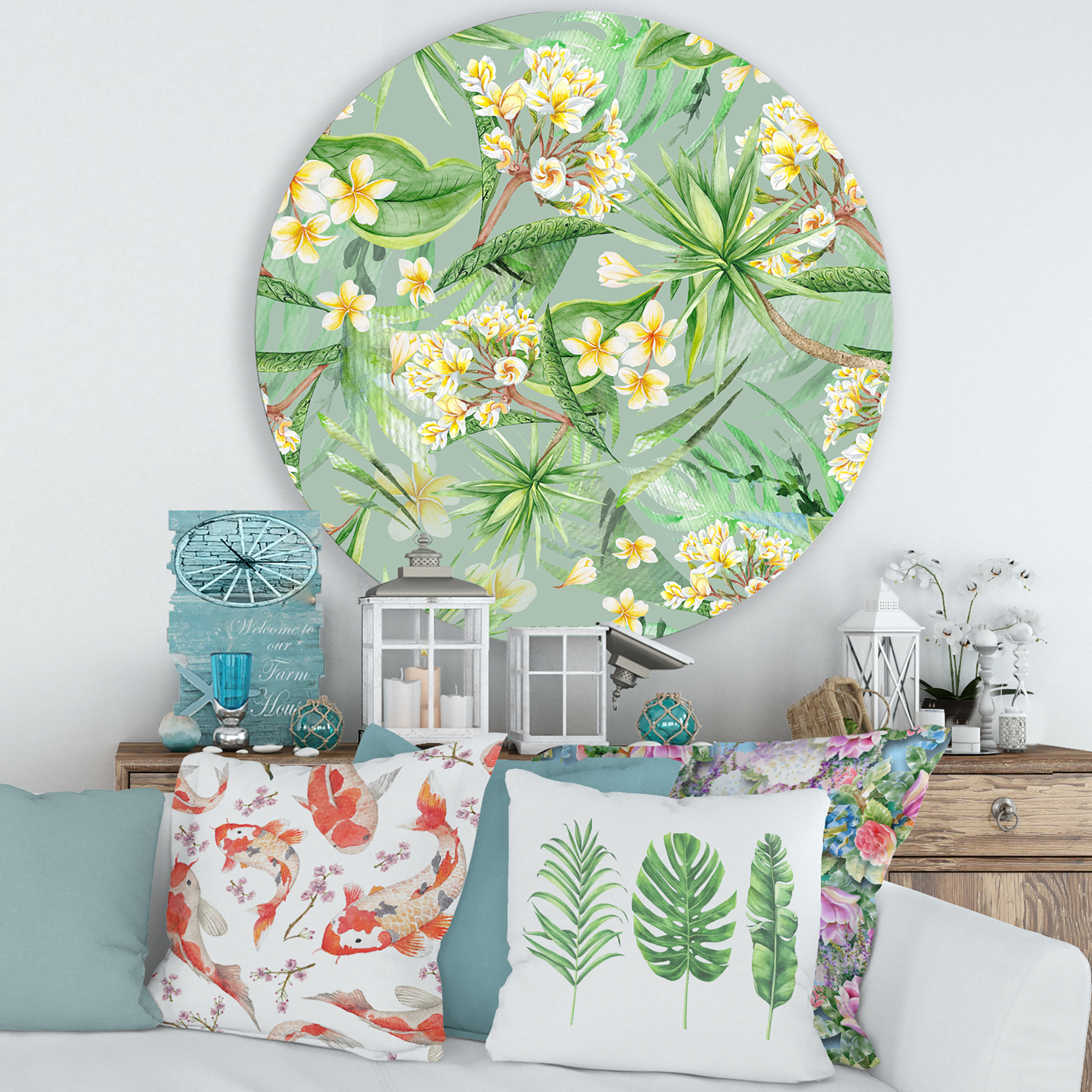 Designart 'Yellow Flowers and Tropical Foliage XIV' Modern Circle Metal Wall Art 29x29 - Disc of 29