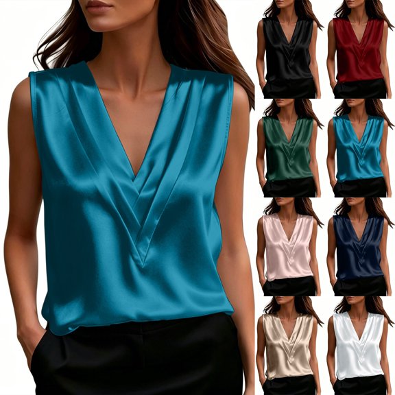 VBVC Women's Satin V Neck Tank Tops, Ladies' Sleeveless Pleated Dressy Blouses, Elegant Office Work Silky Camisole Tops For Women, Beige , S-3XL