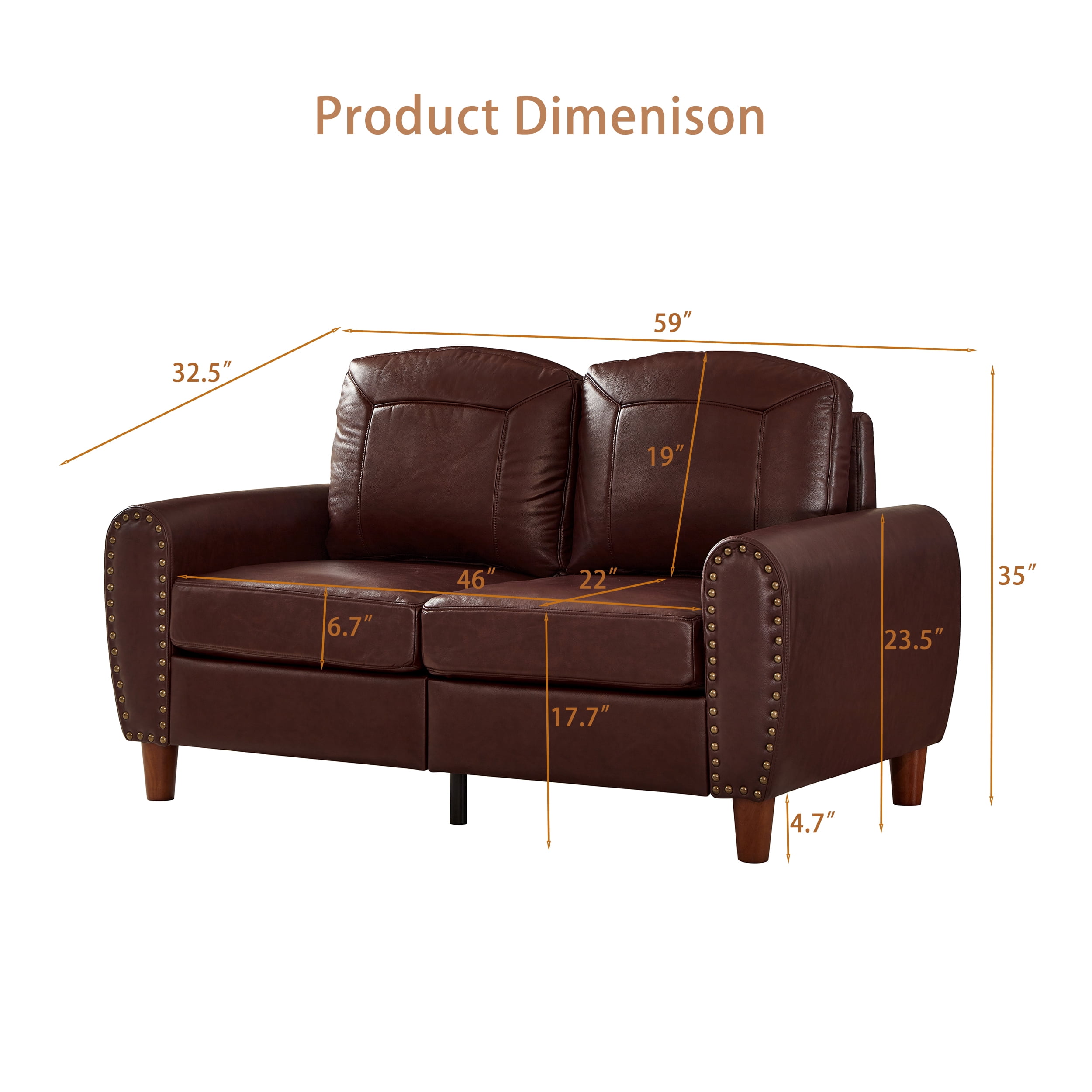 Mid-Century Modern Faux Leather Loveseat Sofa,59"W Classic Rolled Arm 2-Seater Sofa Couch with Brass Nailhead Trim & Solid Wood Legs,Apartment,Living Room Furniture,Burgundy