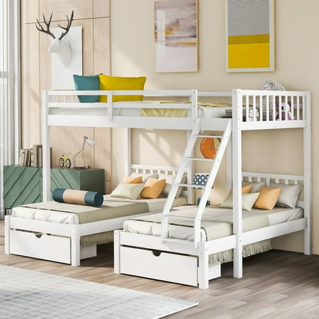 ikayaa Full Over Twin & Twin Bunk Bed  Wood Triple Bunk Bed with Drawers and Guardrails (White)