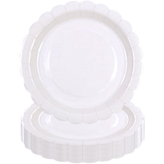 Whyan 50 Pcs White Paper Plates 7 Inch, Scalloped Paper Plates Disposable Cake Dessert Dinner Plate For Birthday Shower Wedding Party Decorative Supplies