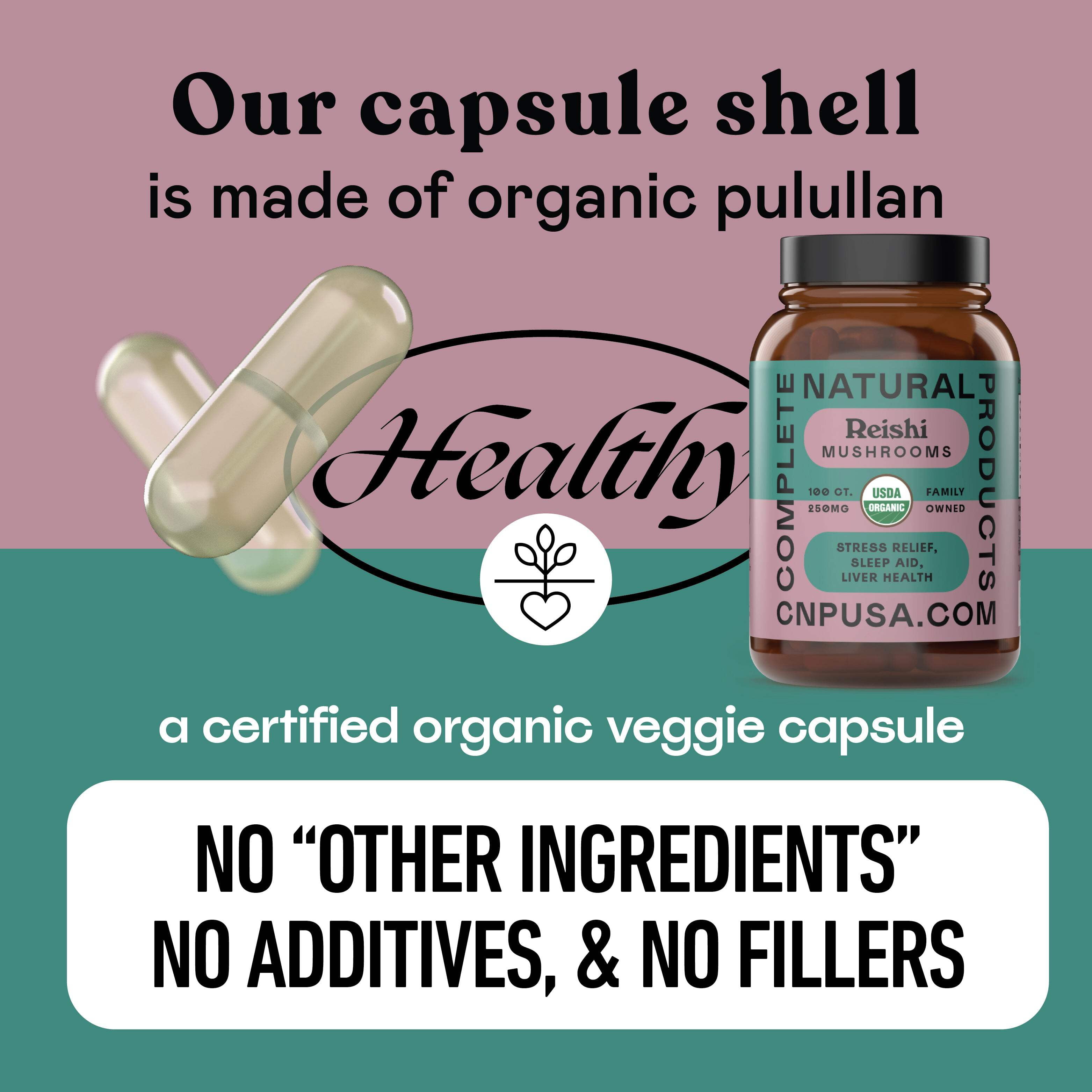 Complete Natural Products Organic Reishi Mushroom Capsules, 250mg, 100ct | Fruiting Body Extract | Plant-Based | Adaptogenic Support | Made in USA | Organic & Kosher Capsules
