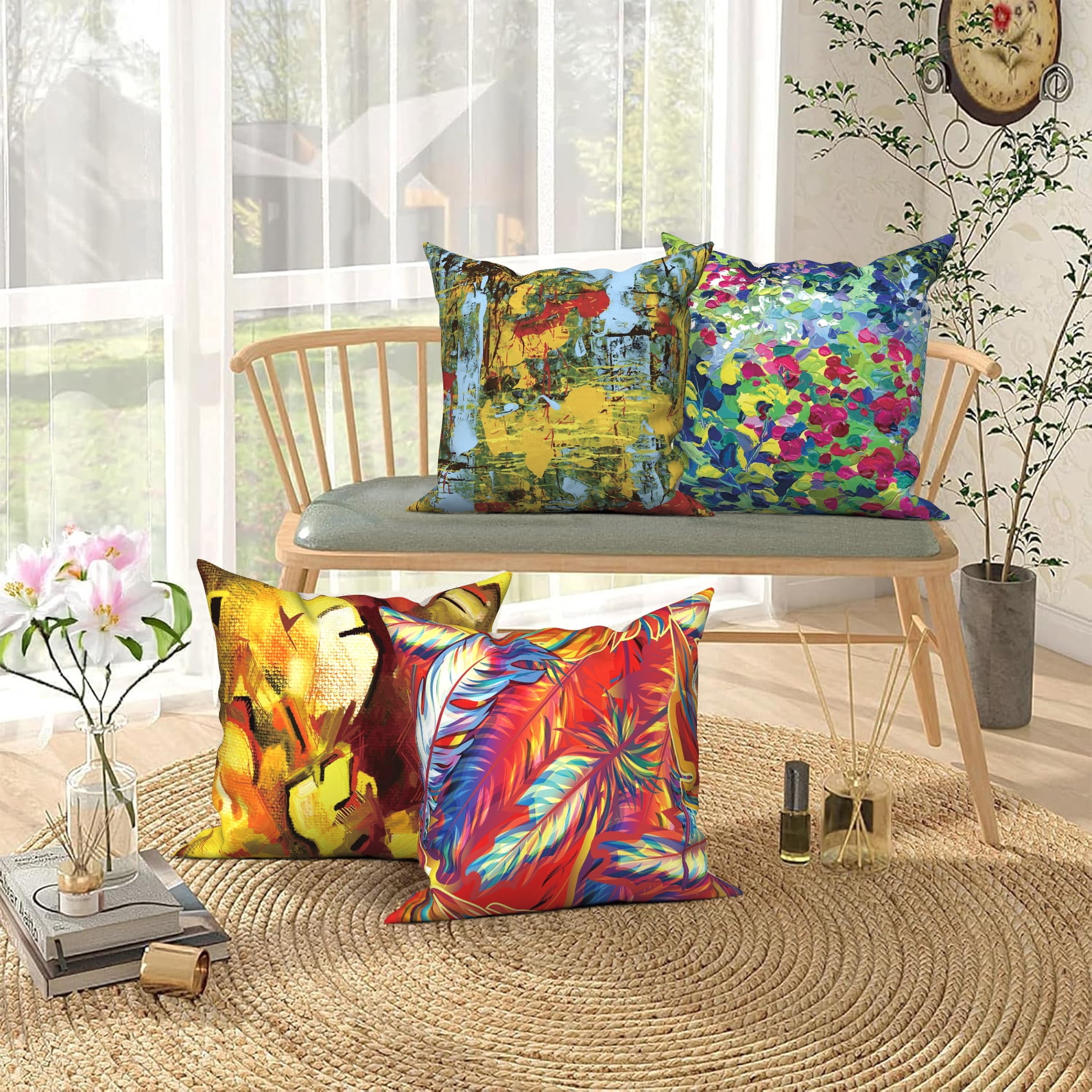 Boho Floral Linen Throw Pillow Covers,Set of 4 20x20 Inch,Bohemian Cushion Cases for Home Decor Sofa Couch Living Room Car