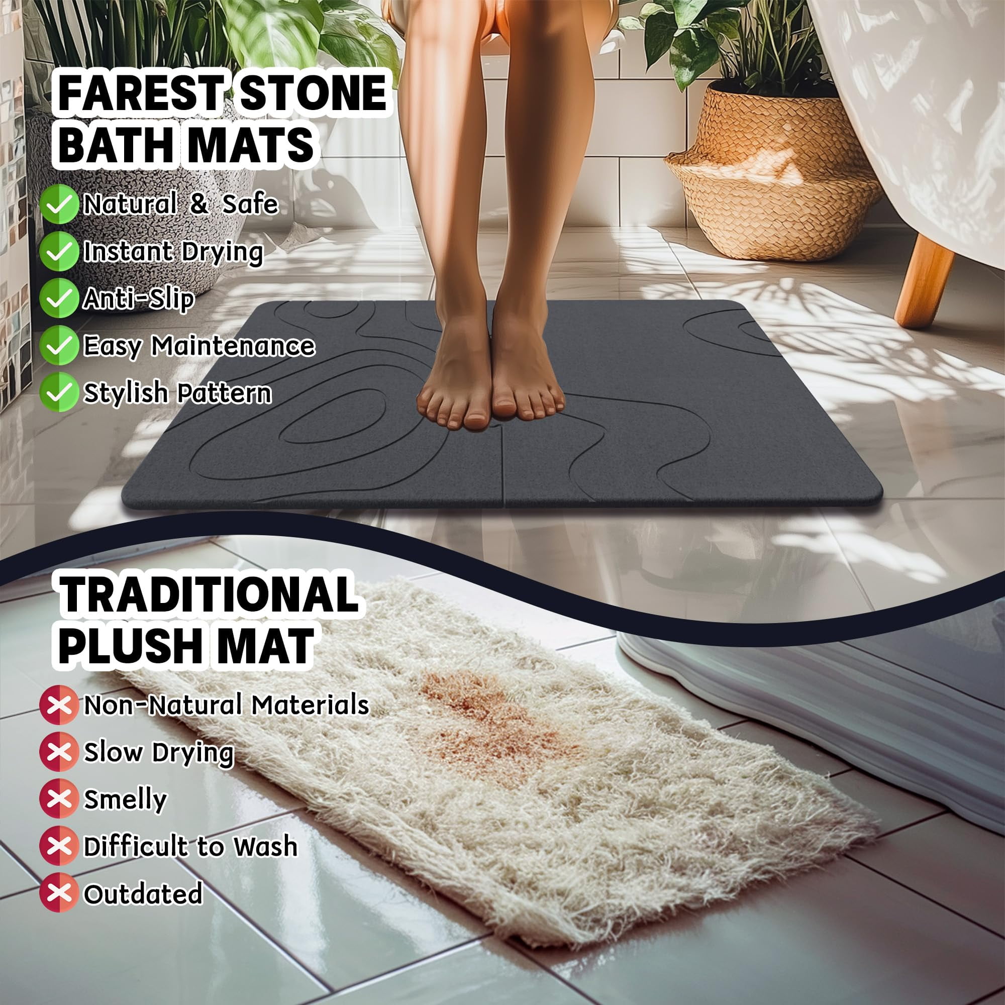 Large Stone Bath Mat, 32"x 20" Diatomaceous Earth Bath Mat for Bathroom, Quick Drying Long Bath Mat Stone Absorbing, Non-Slip Diatomite Hard Stone Shower Mat Instant Dry (Dark Grey)